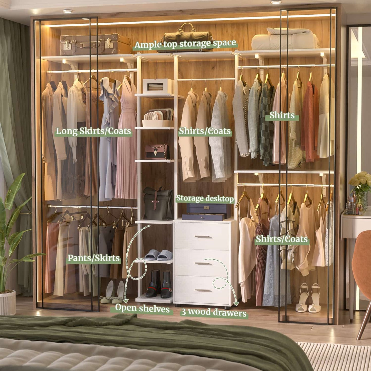 Heavy-duty Garment Rack Closet Organizer with Tower Shelving