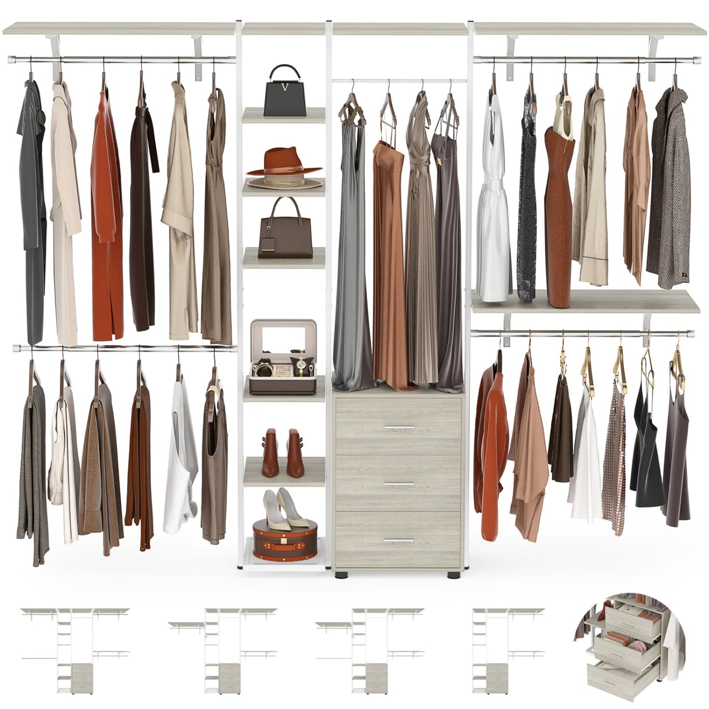 Heavy-duty Garment Rack Closet Organizer with Tower Shelving