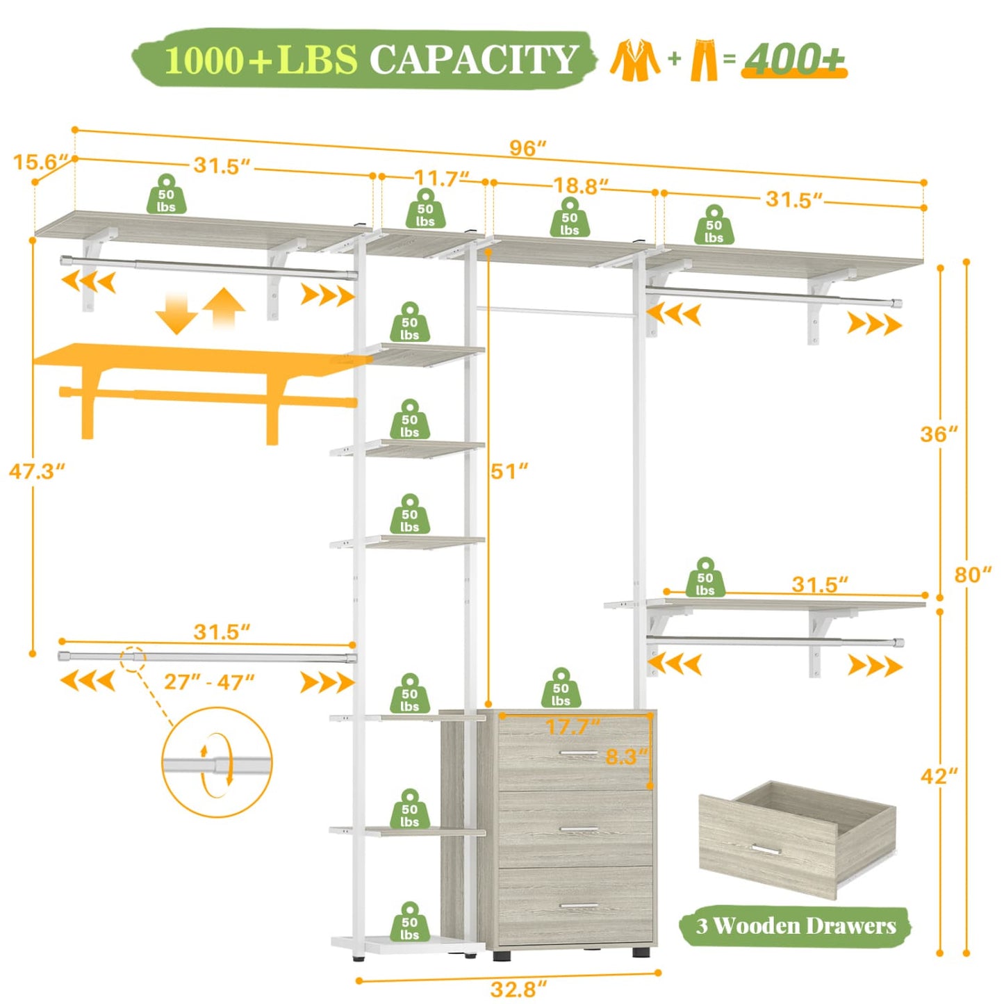 Heavy-duty Garment Rack Closet Organizer with Tower Shelving