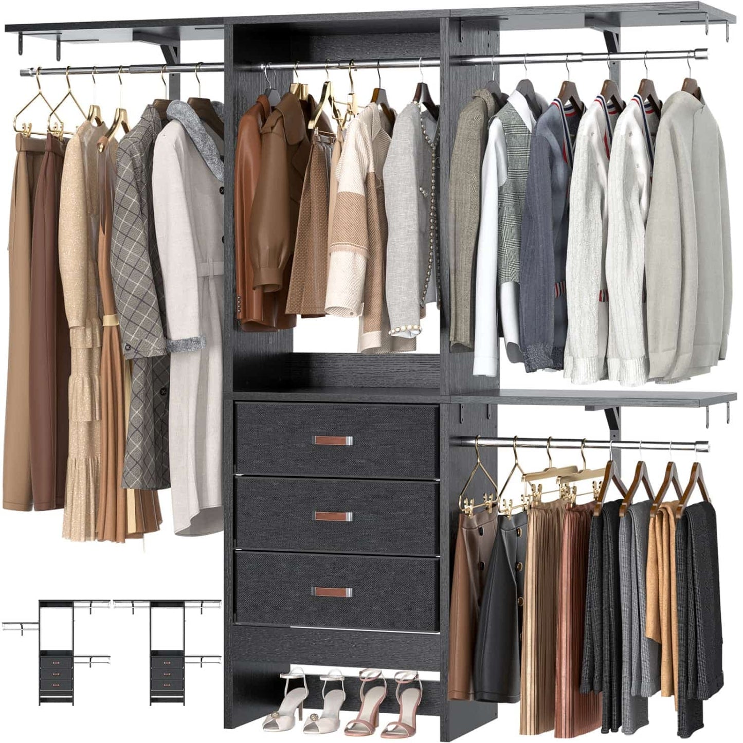 5FT Closet Organizer with Fabric Drawers, Small Closet System with 4 Hanging Rods