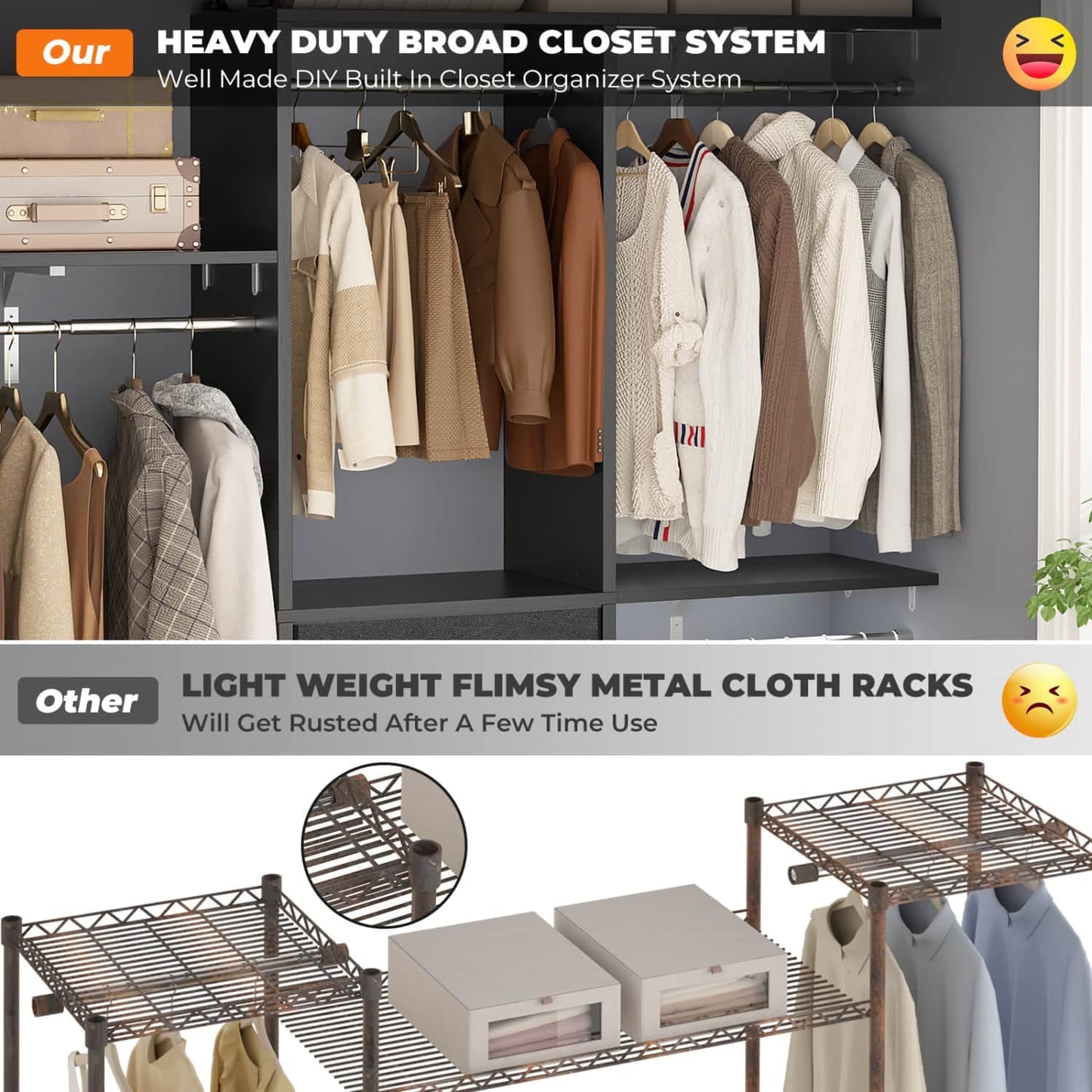 5FT Closet Organizer with Fabric Drawers, Small Closet System with 4 Hanging Rods