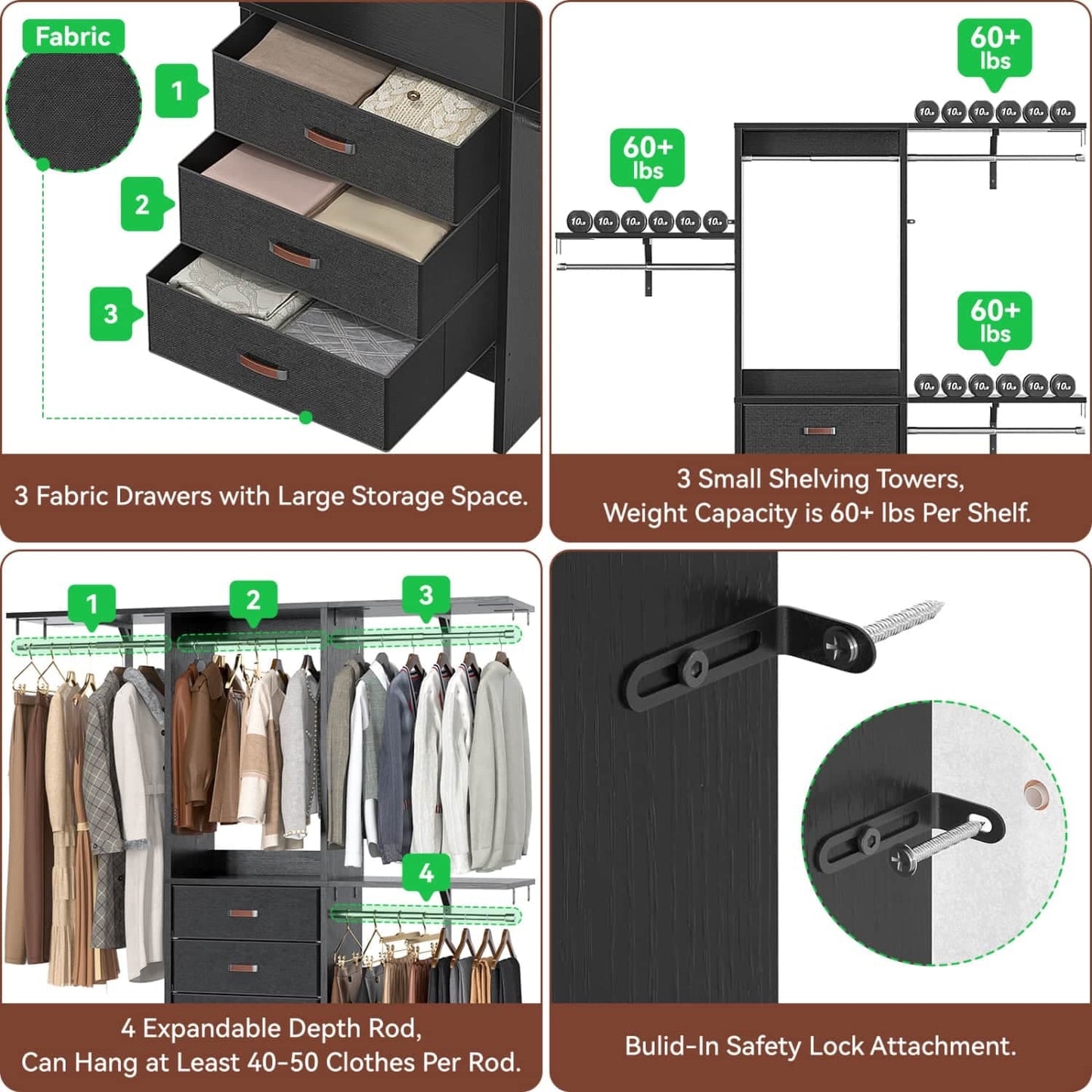 5FT Closet Organizer with Fabric Drawers, Small Closet System with 4 Hanging Rods