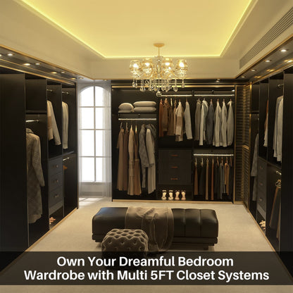 5FT Closet Organizer with Fabric Drawers, Small Closet System with 4 Hanging Rods