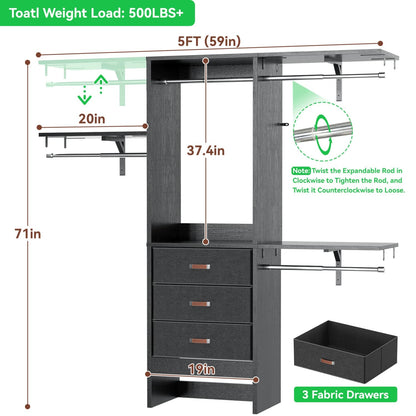 5FT Closet Organizer with Fabric Drawers, Small Closet System with 4 Hanging Rods