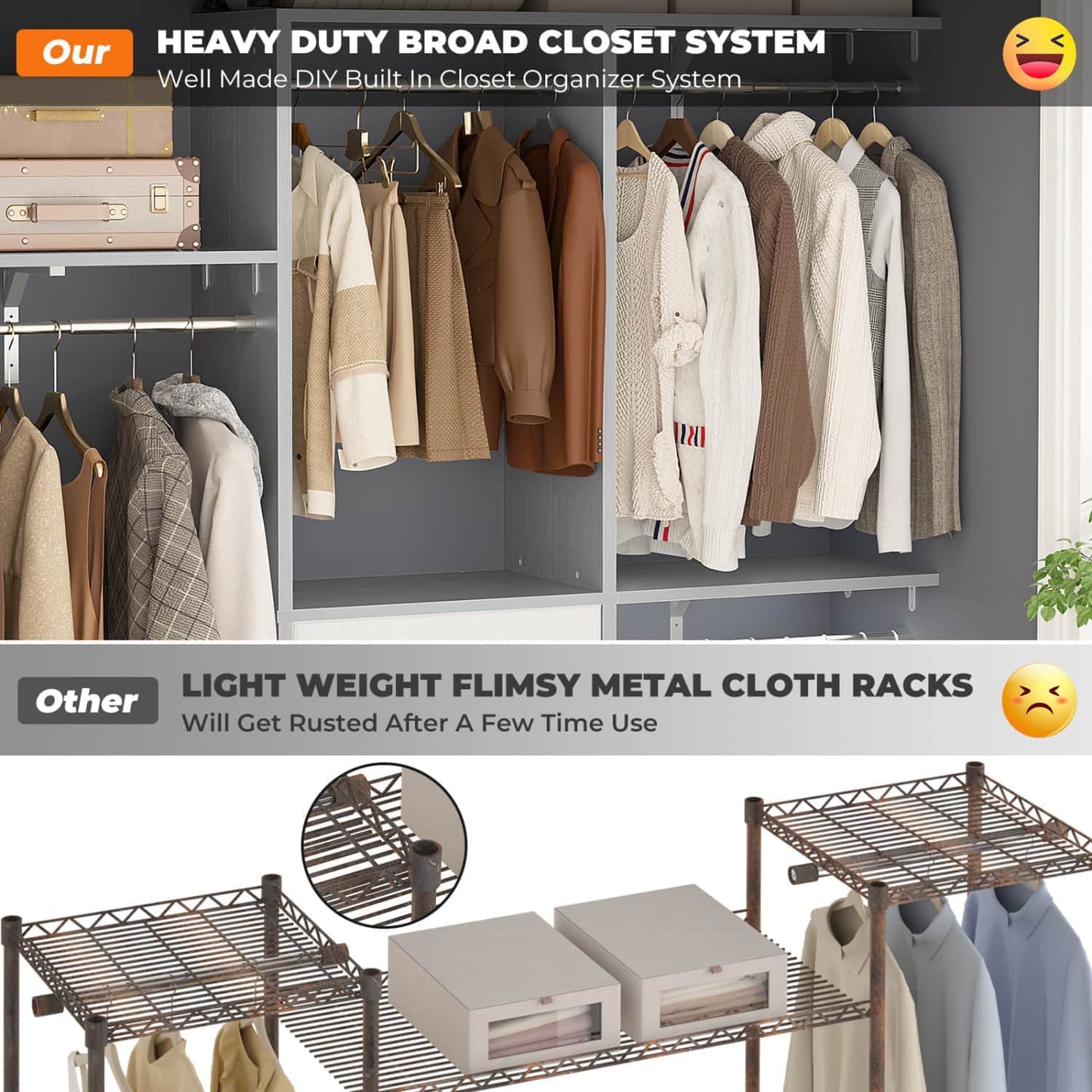 5FT Closet Organizer with Fabric Drawers, Small Closet System with 4 Hanging Rods