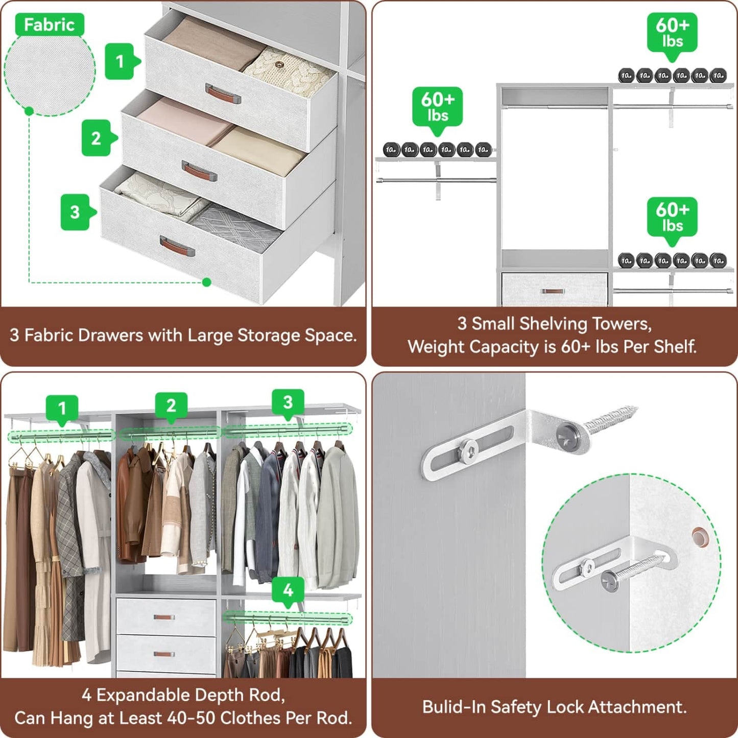 5FT Closet Organizer with Fabric Drawers, Small Closet System with 4 Hanging Rods