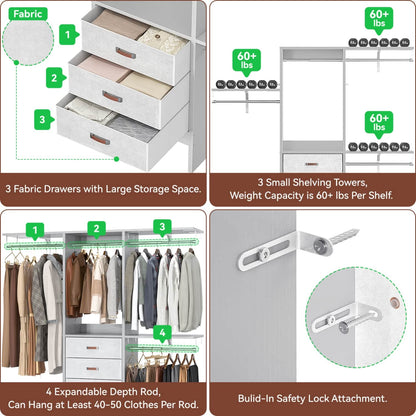 5FT Closet Organizer with Fabric Drawers, Small Closet System with 4 Hanging Rods