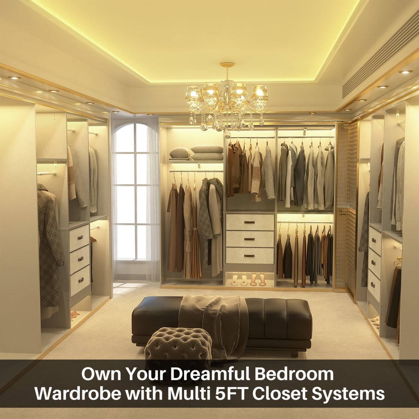5FT Closet Organizer with Fabric Drawers, Small Closet System with 4 Hanging Rods