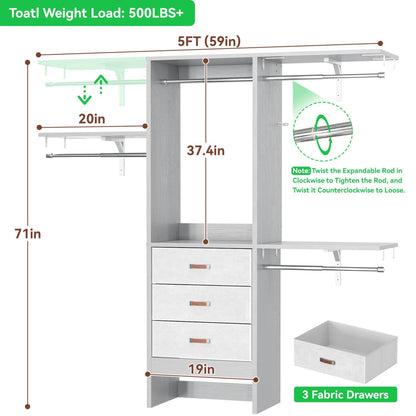 5FT Closet Organizer with Fabric Drawers, Small Closet System with 4 Hanging Rods