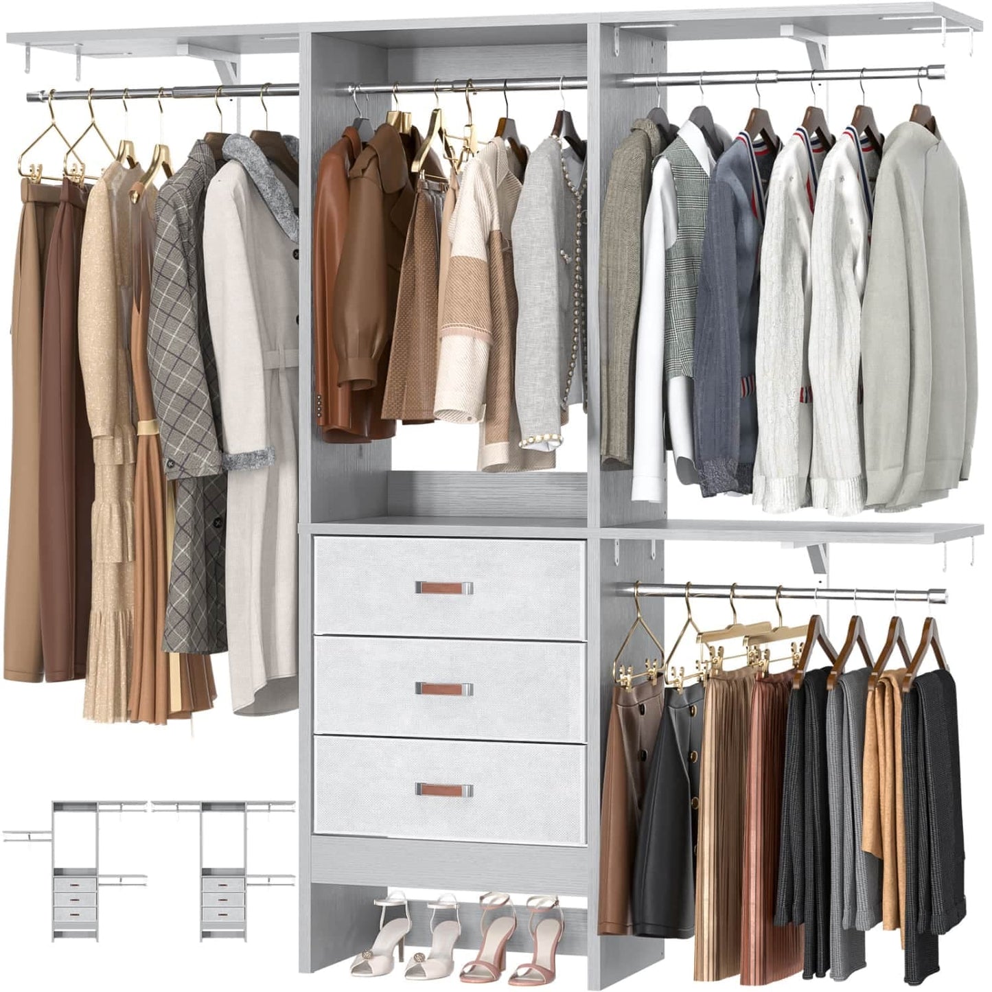 5FT Closet Organizer with Fabric Drawers, Small Closet System with 4 Hanging Rods