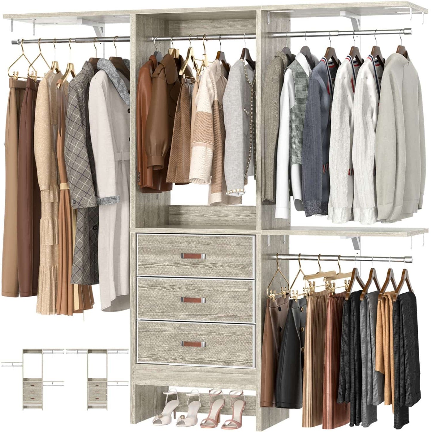 5FT Closet Organizer with Fabric Drawers, Small Closet System with 4 Hanging Rods