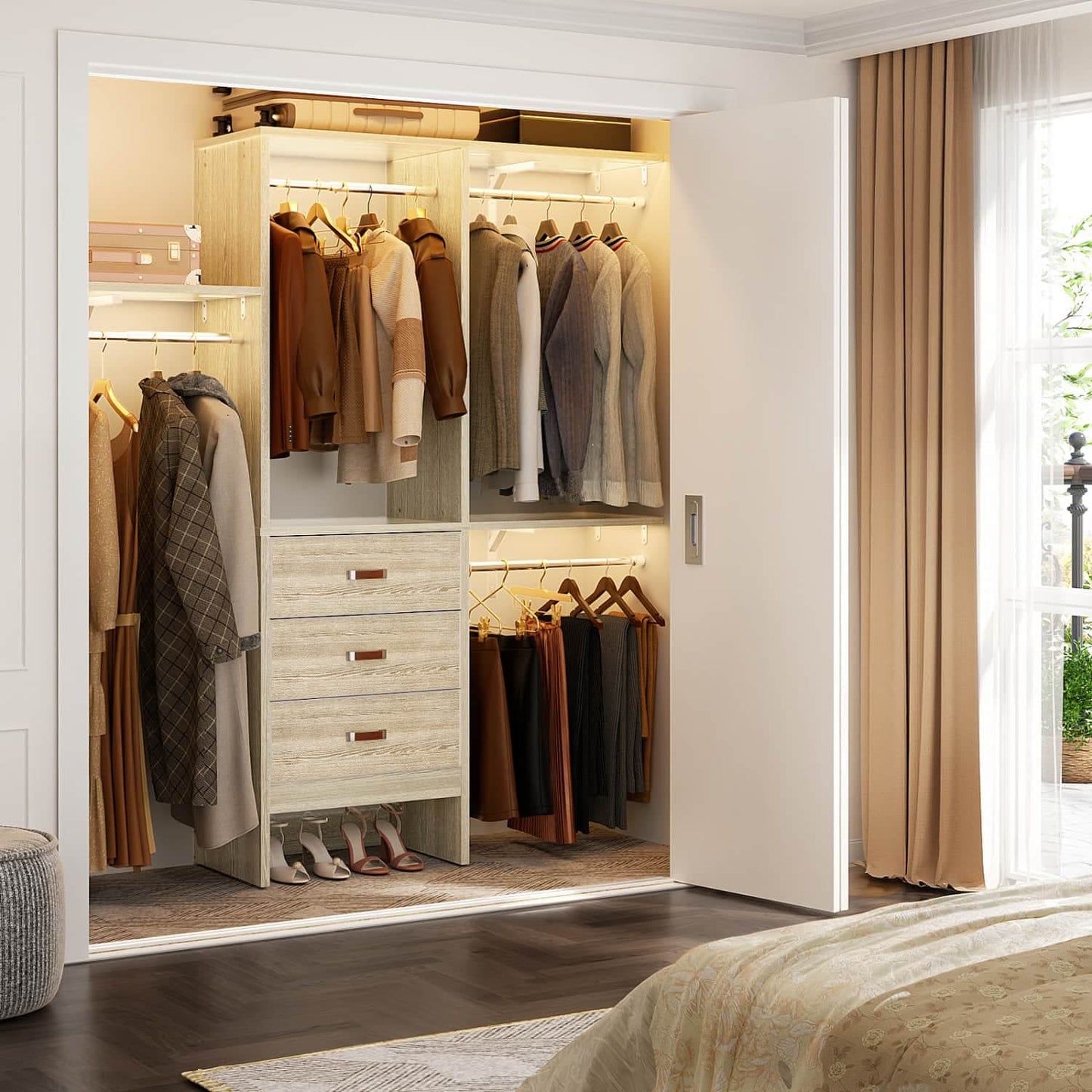 5FT Closet Organizer with Fabric Drawers, Small Closet System with 4 Hanging Rods