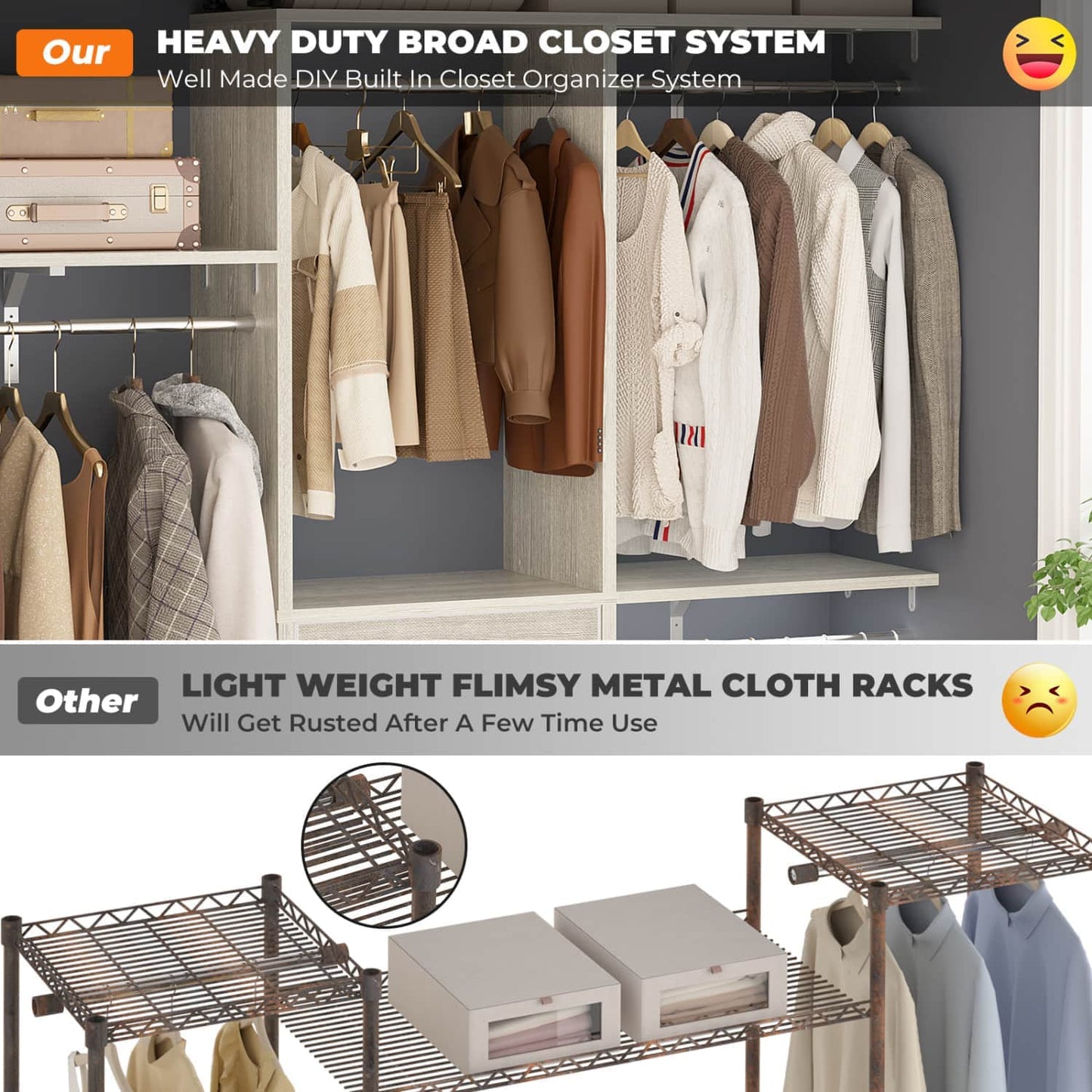 5FT Closet Organizer with Fabric Drawers, Small Closet System with 4 Hanging Rods