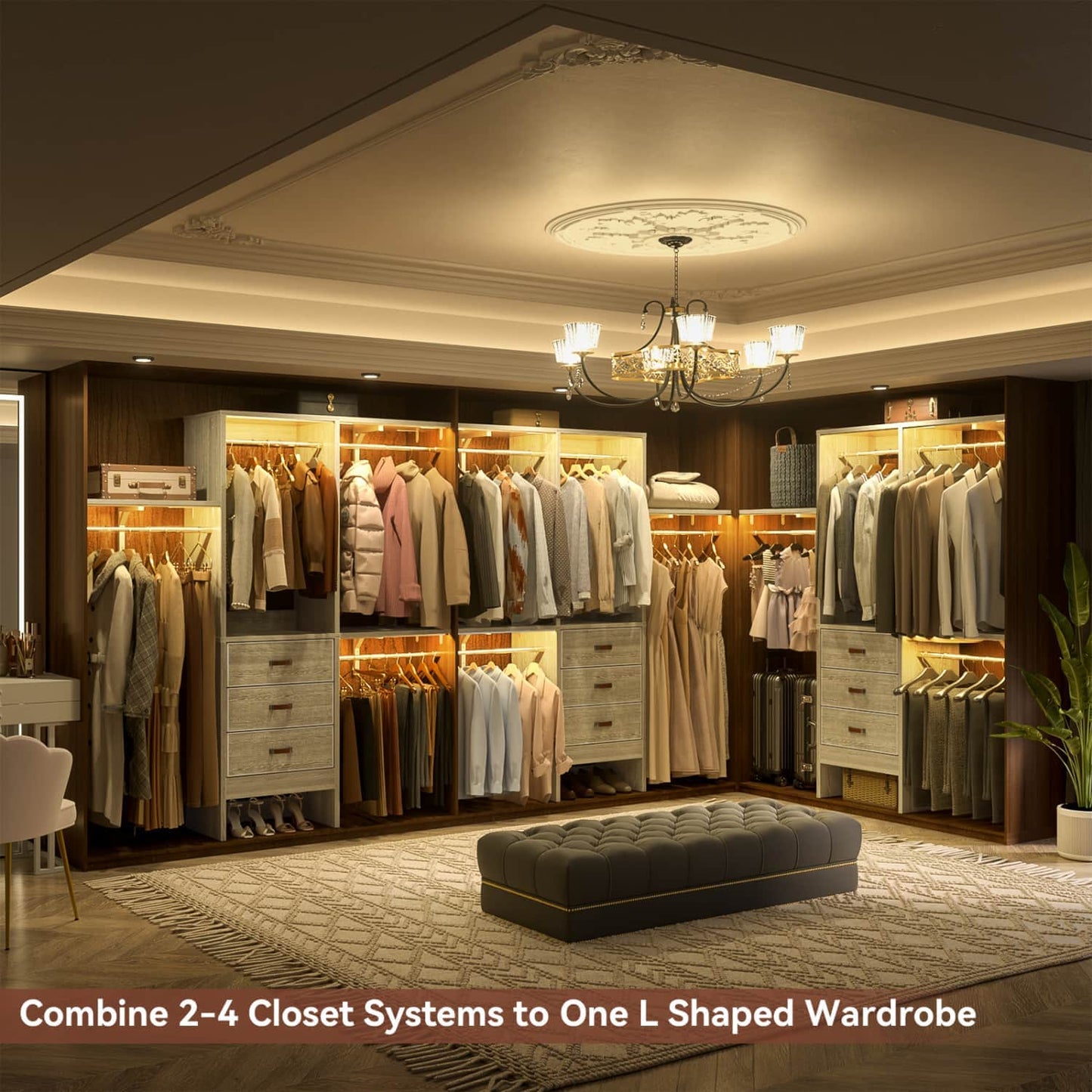 5FT Closet Organizer with Fabric Drawers, Small Closet System with 4 Hanging Rods