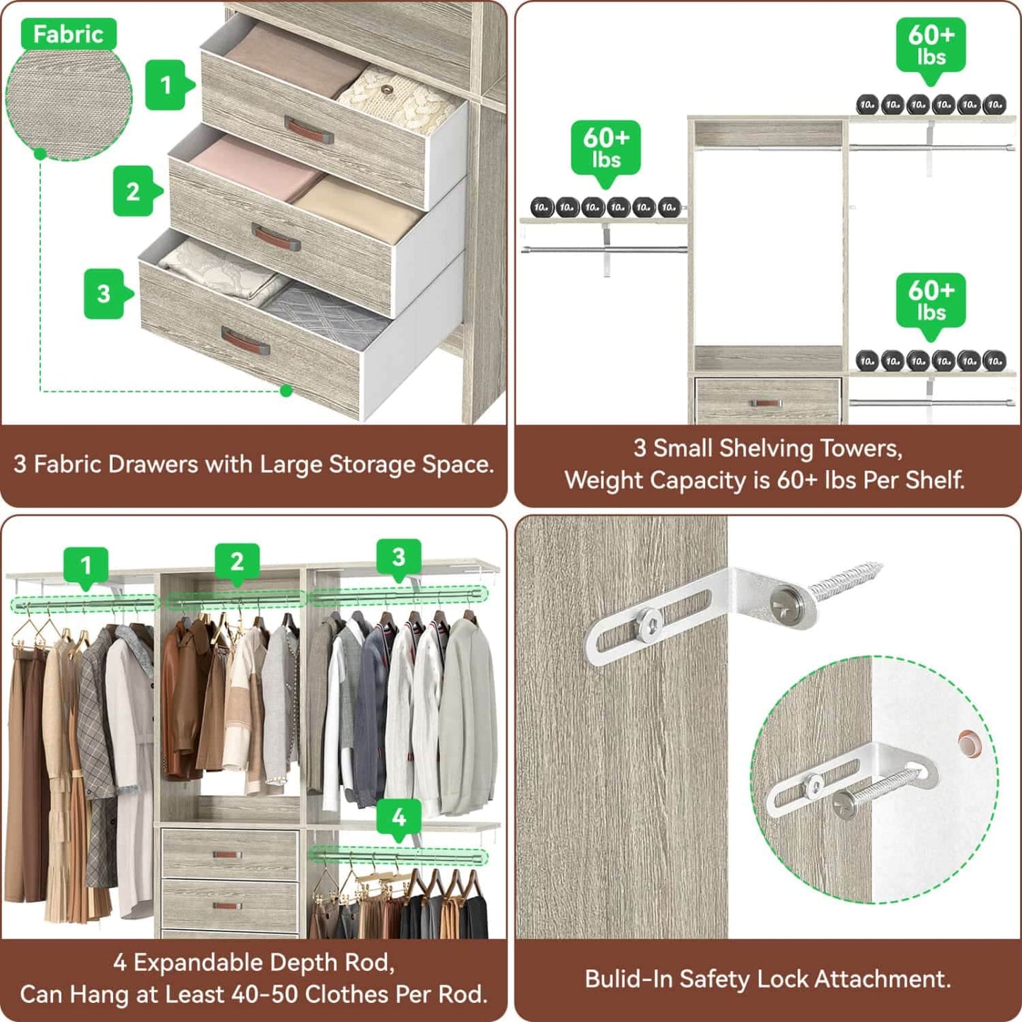 5FT Closet Organizer with Fabric Drawers, Small Closet System with 4 Hanging Rods