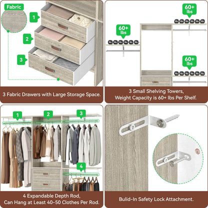 5FT Closet Organizer with Fabric Drawers, Small Closet System with 4 Hanging Rods