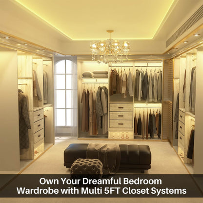 5FT Closet Organizer with Fabric Drawers, Small Closet System with 4 Hanging Rods