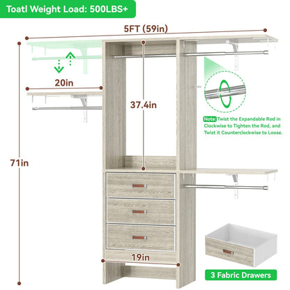 5FT Closet Organizer with Fabric Drawers, Small Closet System with 4 Hanging Rods