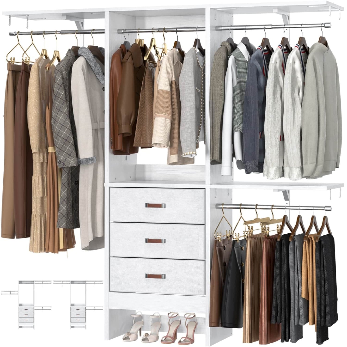 5FT Closet Organizer with Fabric Drawers, Small Closet System with 4 Hanging Rods