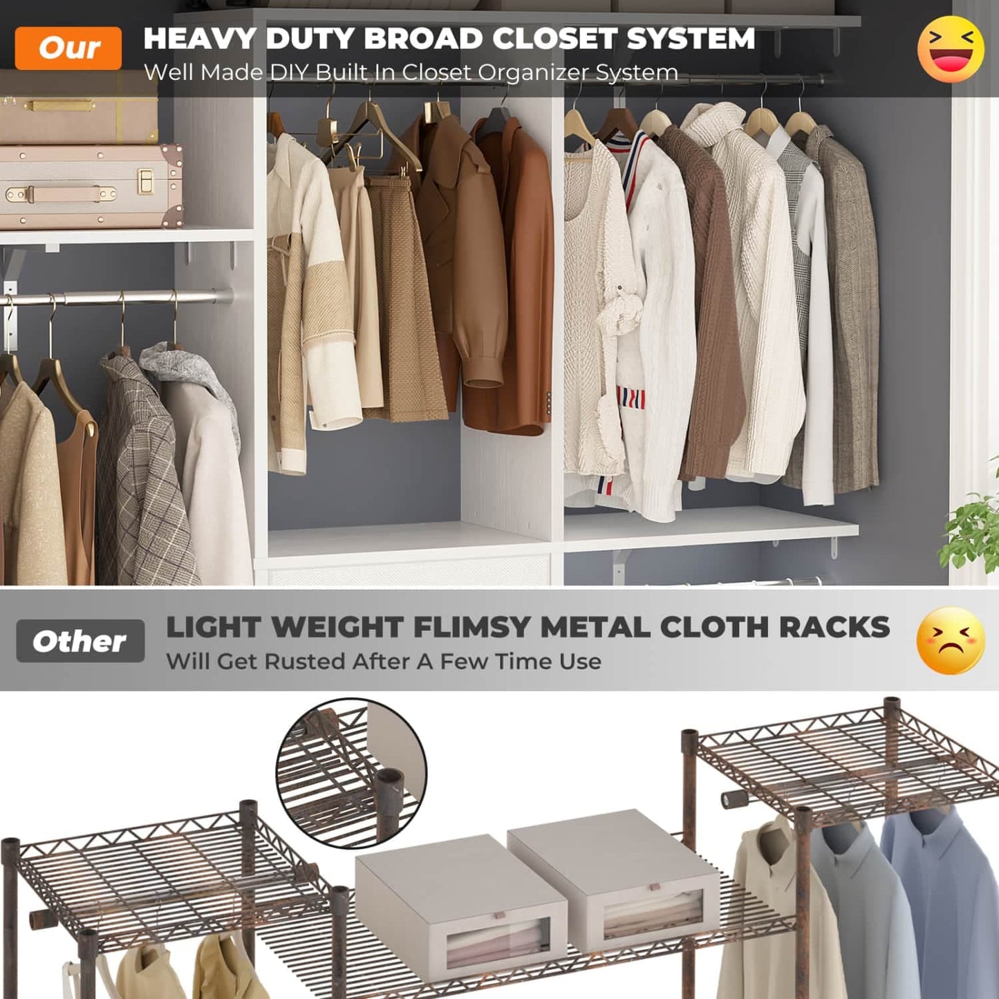 5FT Closet Organizer with Fabric Drawers, Small Closet System with 4 Hanging Rods