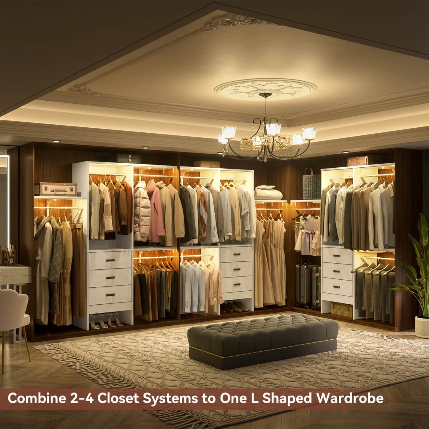 5FT Closet Organizer with Fabric Drawers, Small Closet System with 4 Hanging Rods