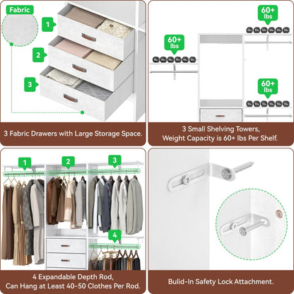 5FT Closet Organizer with Fabric Drawers, Small Closet System with 4 Hanging Rods