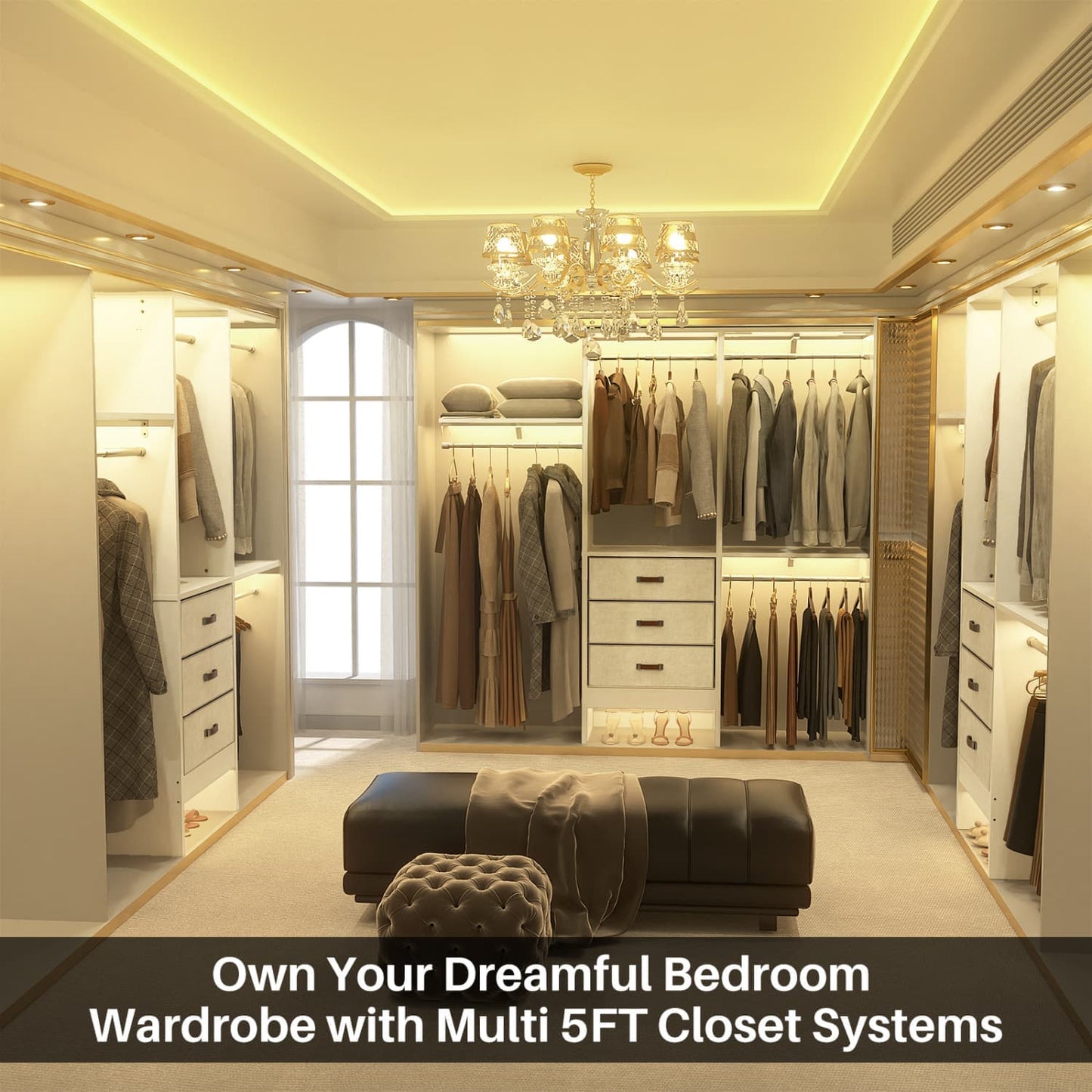 5FT Closet Organizer with Fabric Drawers, Small Closet System with 4 Hanging Rods