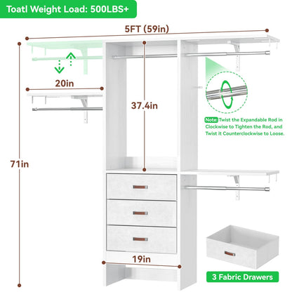 5FT Closet Organizer with Fabric Drawers, Small Closet System with 4 Hanging Rods