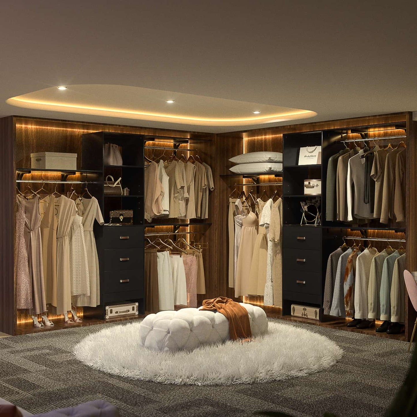 96-In Closet Organizer with Wood Drawers, Closet System with Hanging Rods and Storage Shelves