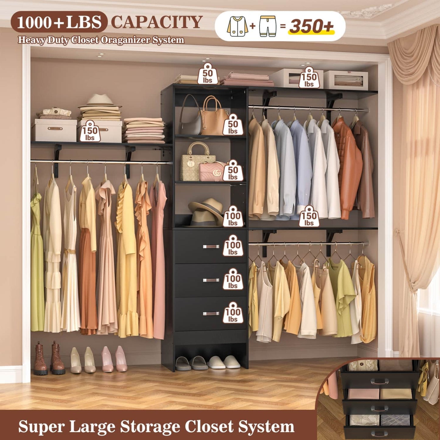 96-In Closet Organizer with Wood Drawers, Closet System with Hanging Rods and Storage Shelves