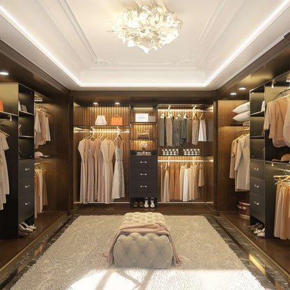 96-In Closet Organizer with Wood Drawers, Closet System with Hanging Rods and Storage Shelves