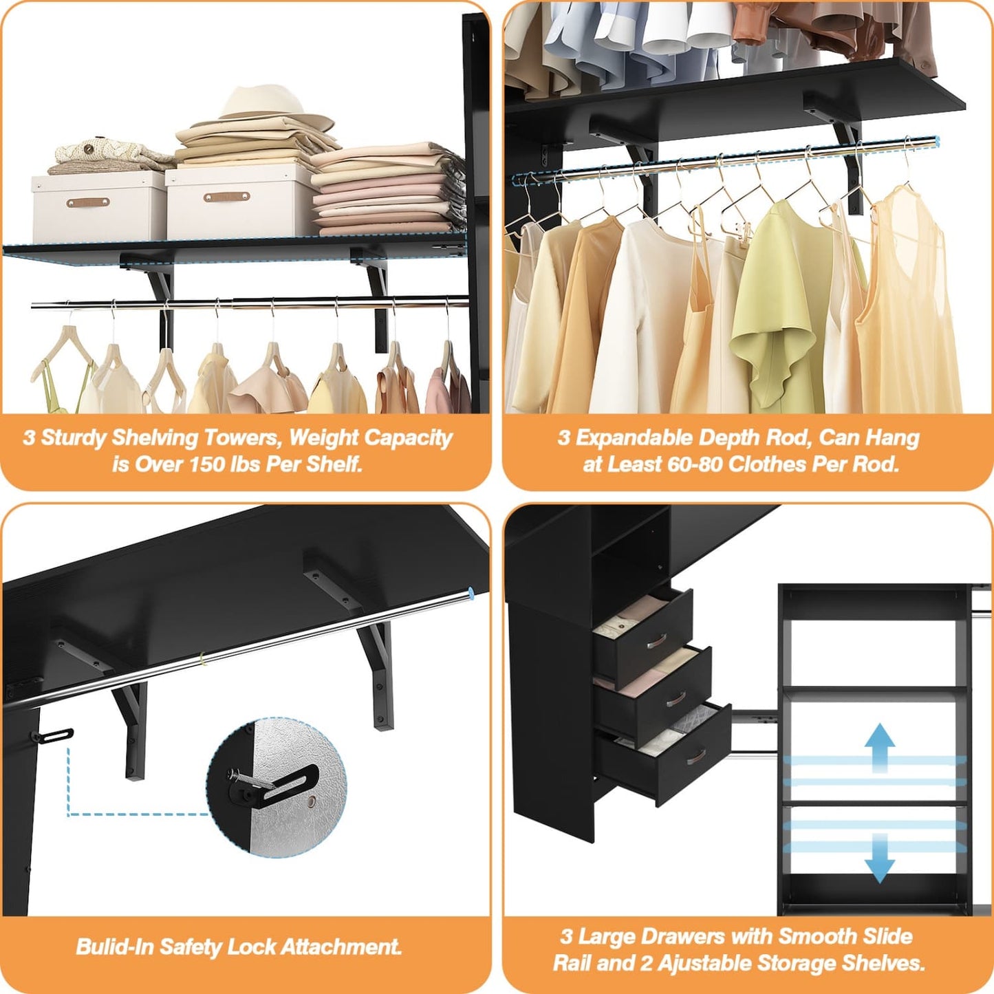 96-In Closet Organizer with Wood Drawers, Closet System with Hanging Rods and Storage Shelves