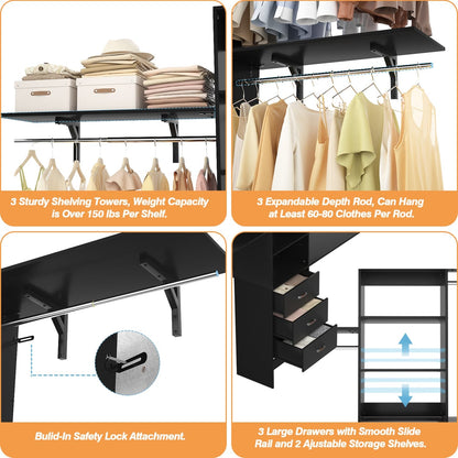 96-In Closet Organizer with Wood Drawers, Closet System with Hanging Rods and Storage Shelves
