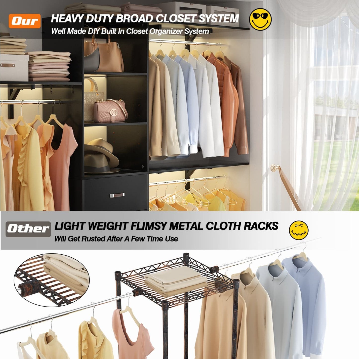 96-In Closet Organizer with Wood Drawers, Closet System with Hanging Rods and Storage Shelves
