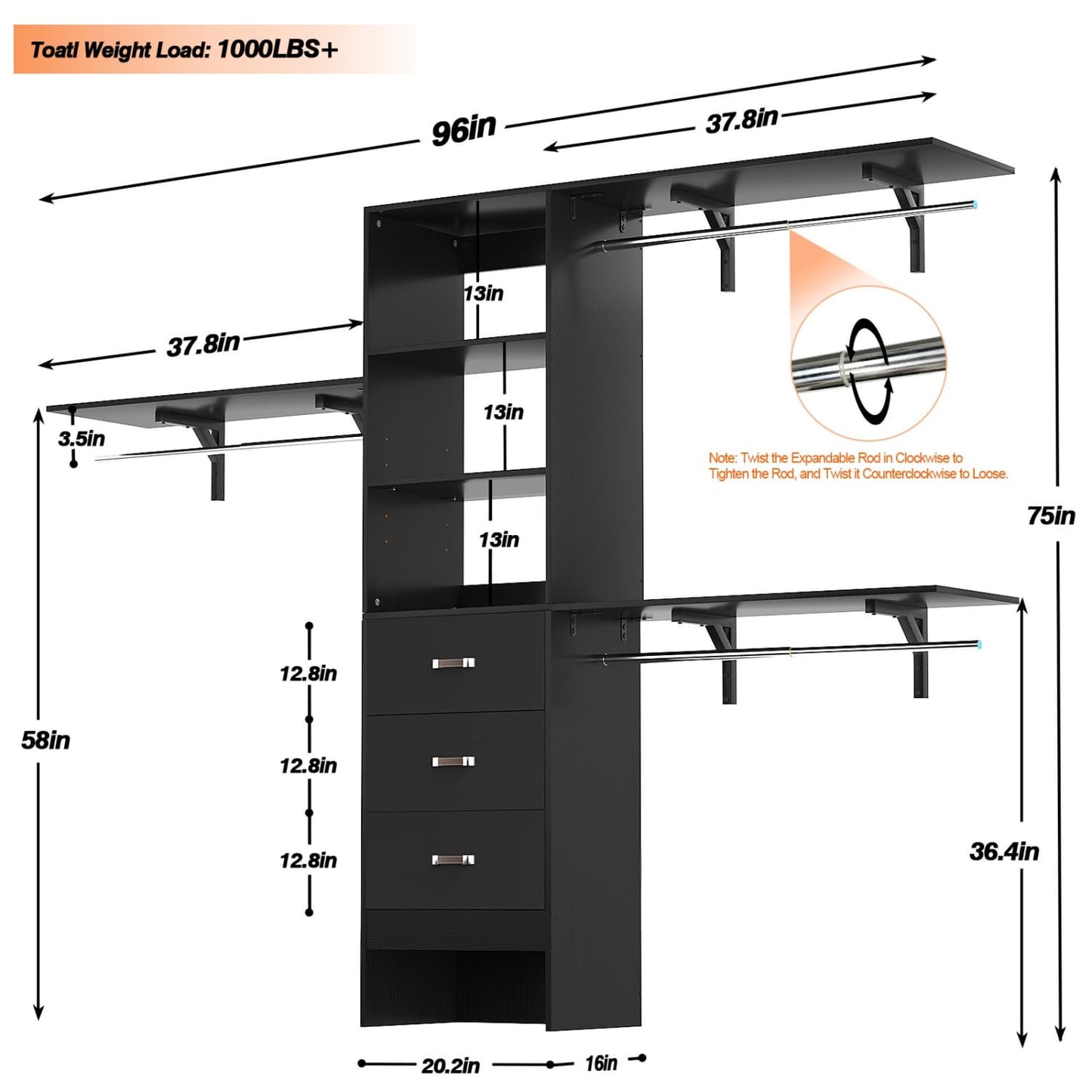 96-In Closet Organizer with Wood Drawers, Closet System with Hanging Rods and Storage Shelves
