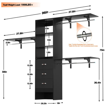 96-In Closet Organizer with Wood Drawers, Closet System with Hanging Rods and Storage Shelves