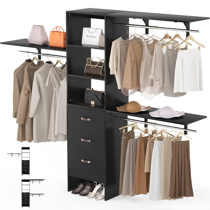 96-In Closet Organizer with Wood Drawers, Closet System with Hanging Rods and Storage Shelves