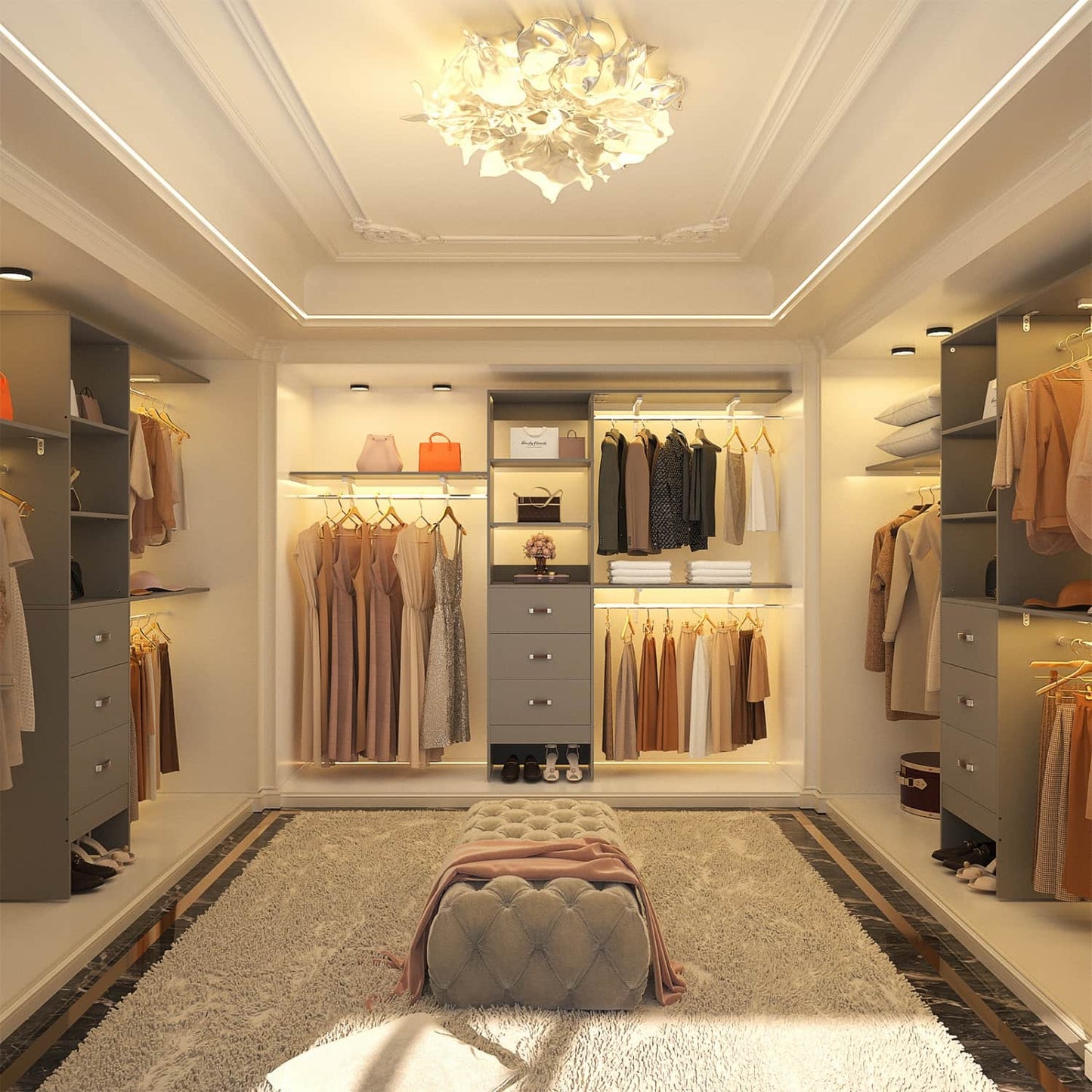 96-In Closet Organizer with Wood Drawers, Closet System with Hanging Rods and Storage Shelves