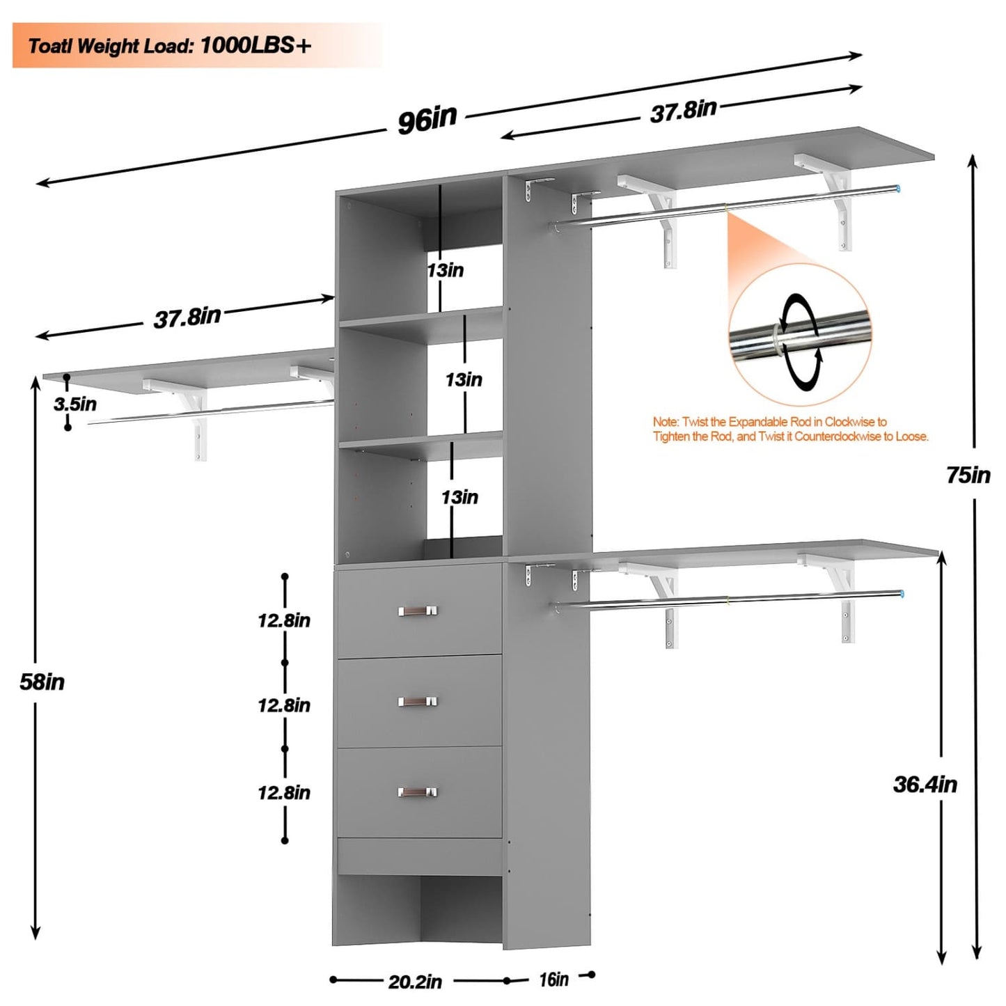 96-In Closet Organizer with Wood Drawers, Closet System with Hanging Rods and Storage Shelves