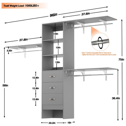96-In Closet Organizer with Wood Drawers, Closet System with Hanging Rods and Storage Shelves