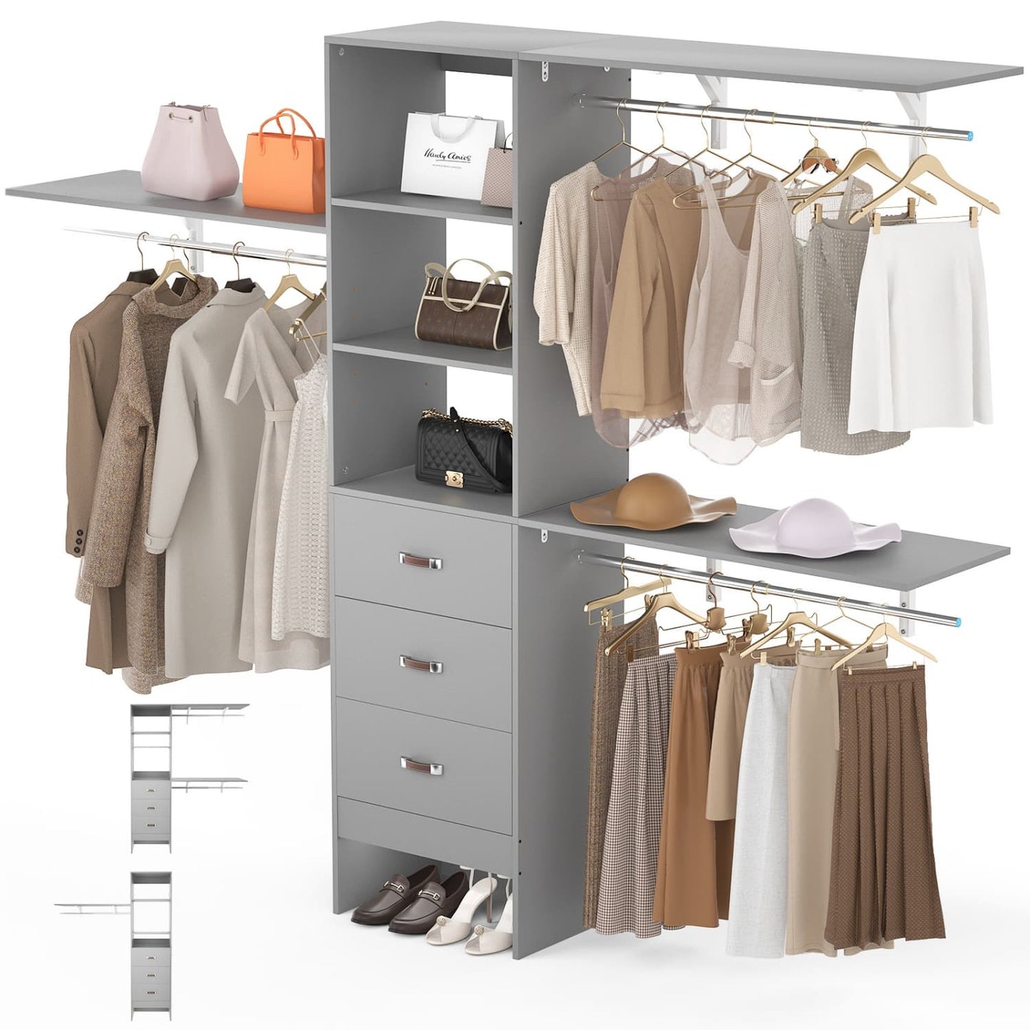 96-In Closet Organizer with Wood Drawers, Closet System with Hanging Rods and Storage Shelves