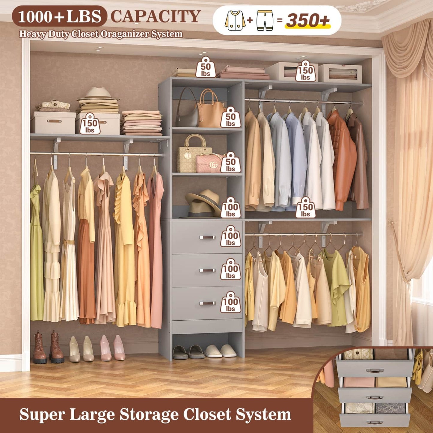 96-In Closet Organizer with Wood Drawers, Closet System with Hanging Rods and Storage Shelves