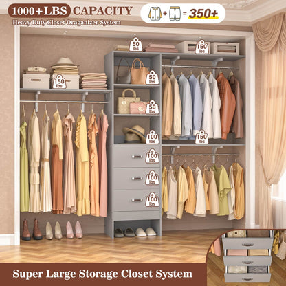 96-In Closet Organizer with Wood Drawers, Closet System with Hanging Rods and Storage Shelves