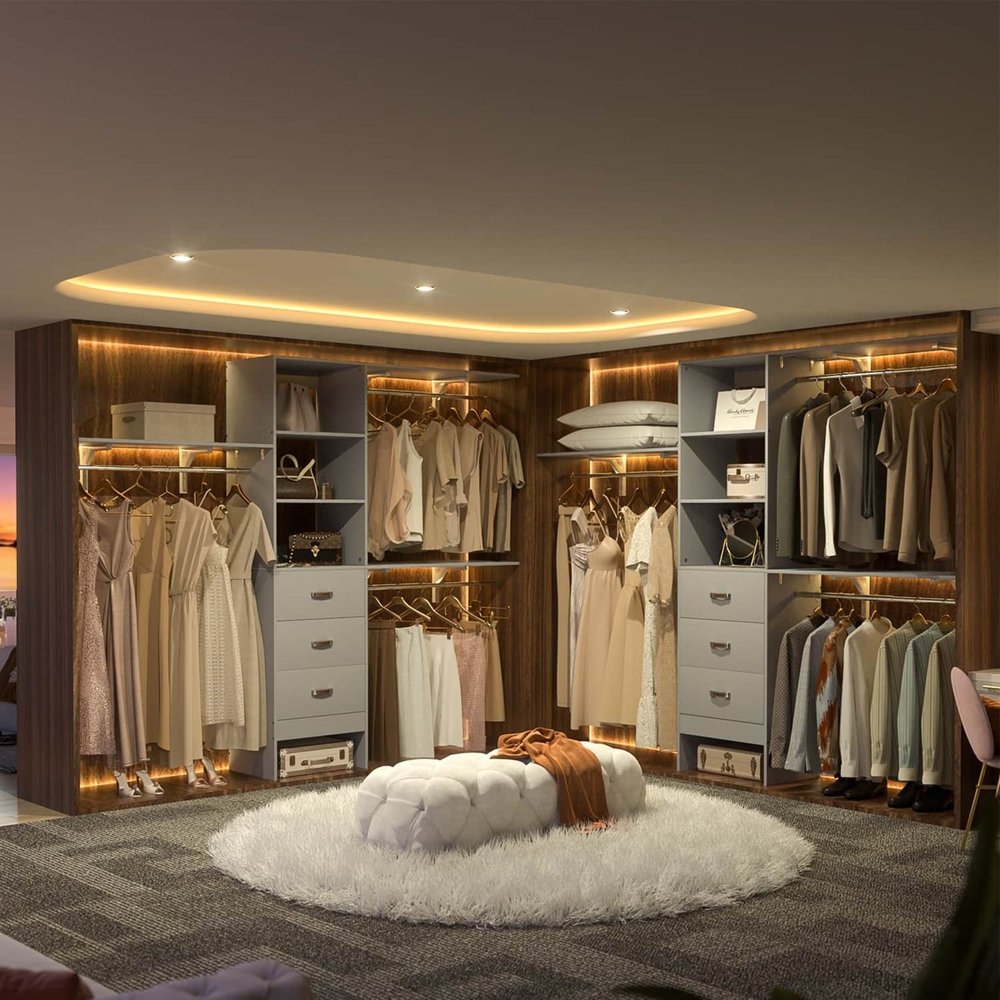 96-In Closet Organizer with Wood Drawers, Closet System with Hanging Rods and Storage Shelves
