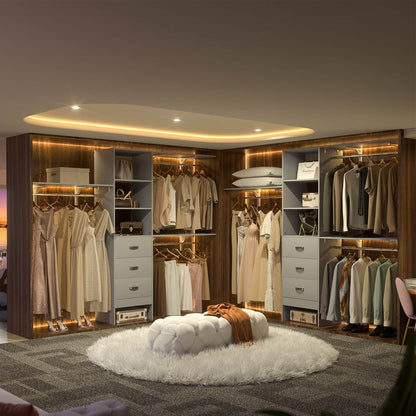 96-In Closet Organizer with Wood Drawers, Closet System with Hanging Rods and Storage Shelves