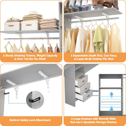 96-In Closet Organizer with Wood Drawers, Closet System with Hanging Rods and Storage Shelves