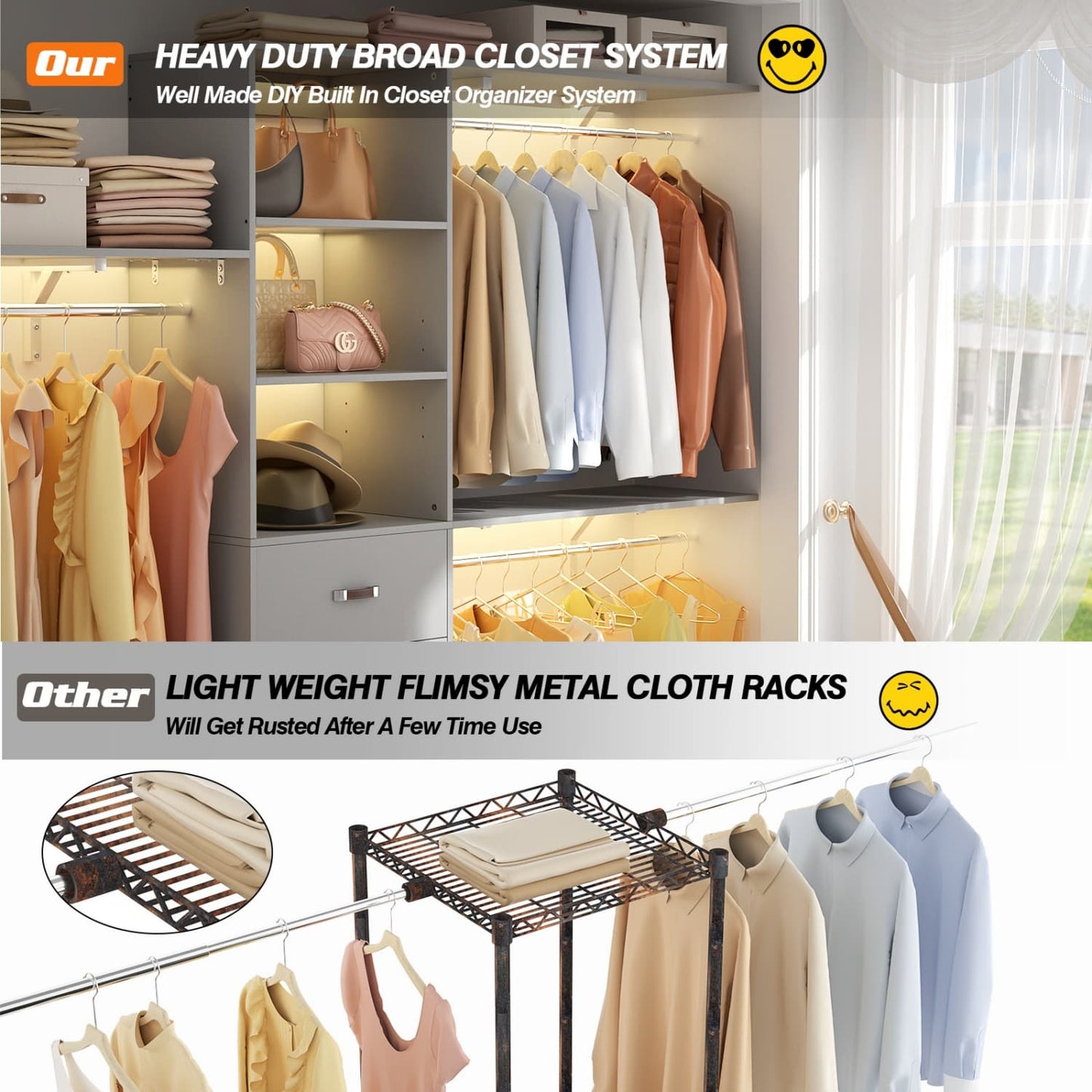 96-In Closet Organizer with Wood Drawers, Closet System with Hanging Rods and Storage Shelves