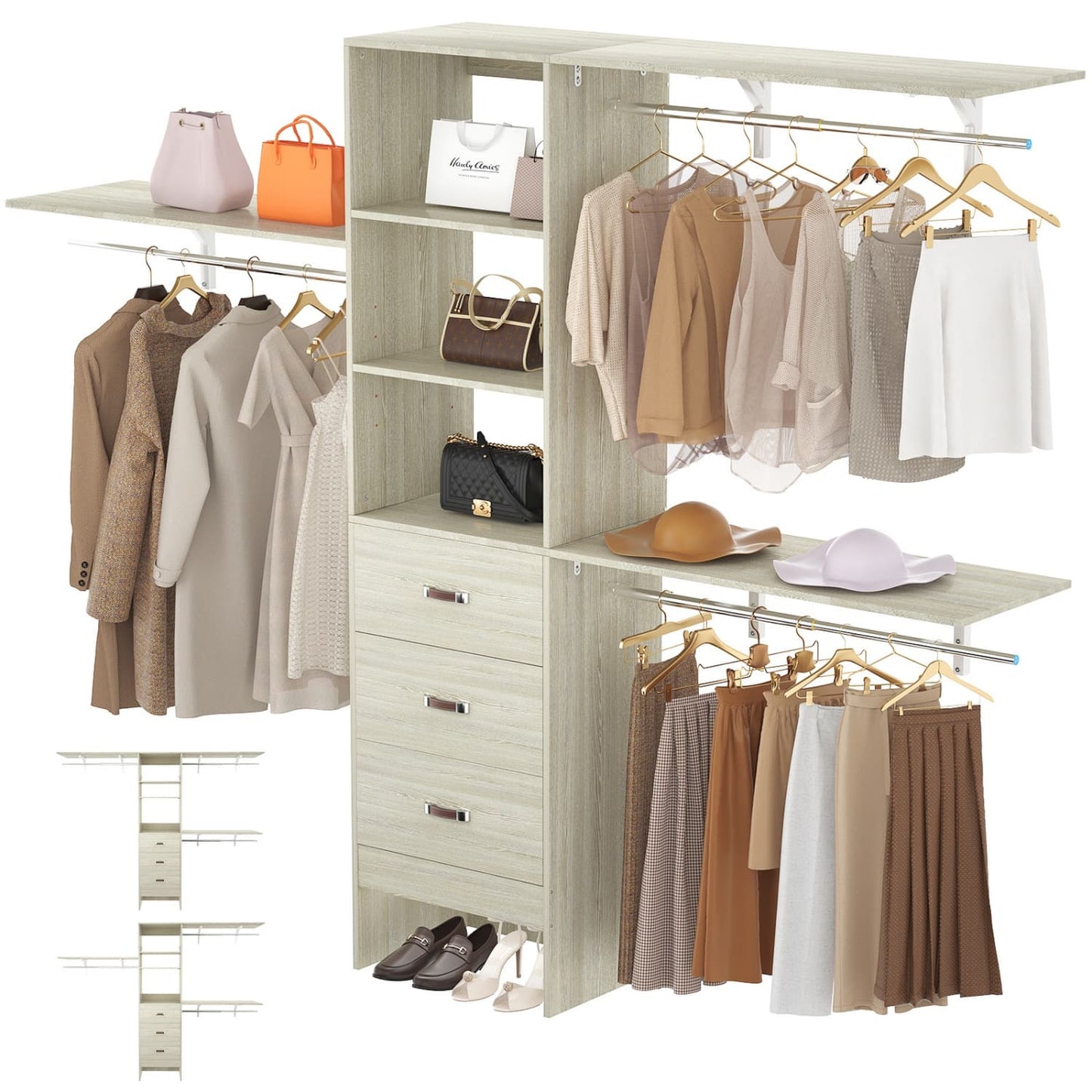 96-In Closet Organizer with Wood Drawers, Closet System with Hanging Rods and Storage Shelves