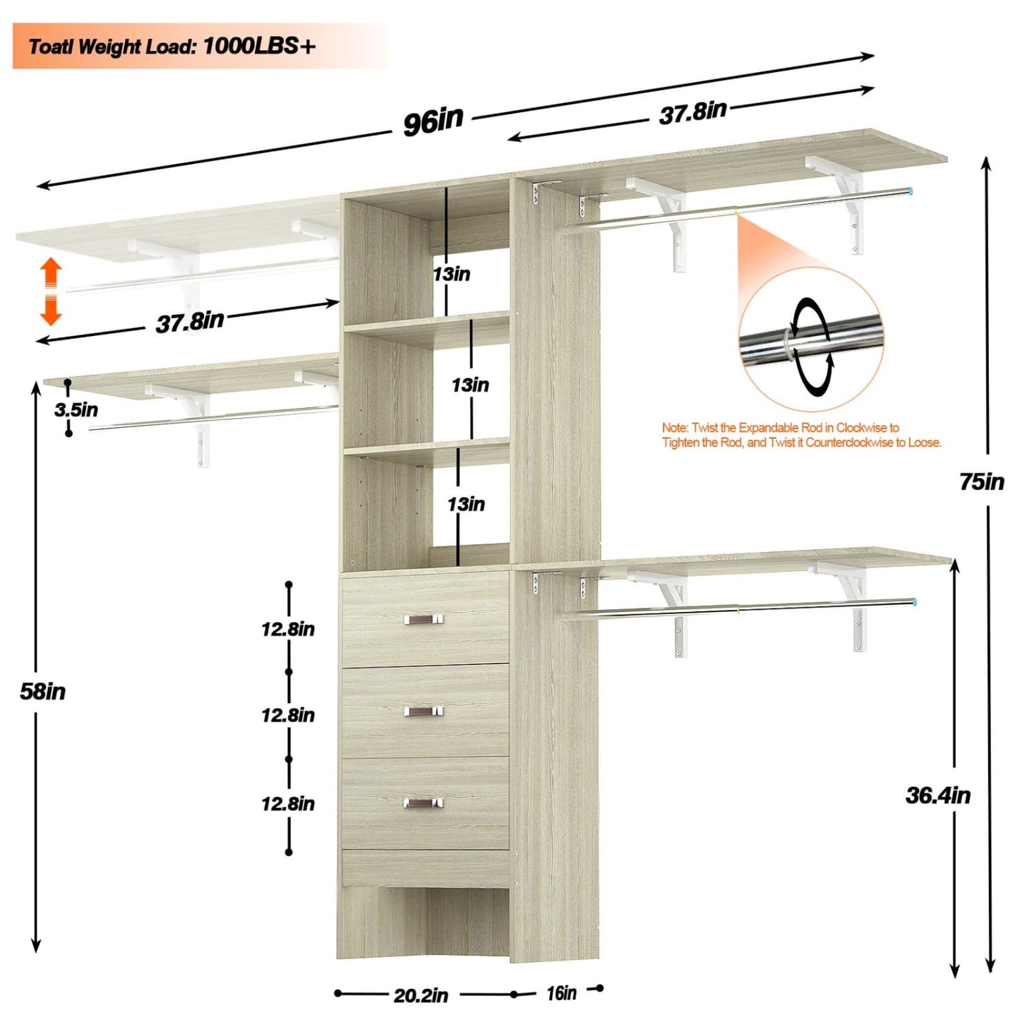 96-In Closet Organizer with Wood Drawers, Closet System with Hanging Rods and Storage Shelves