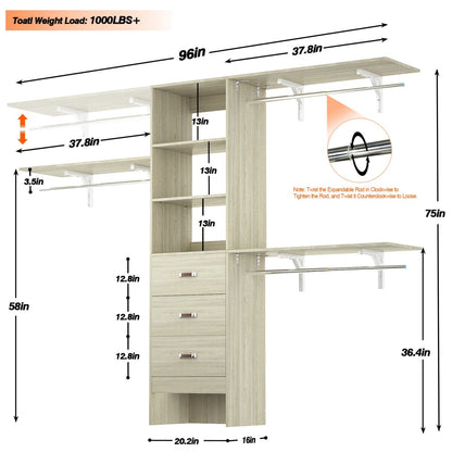 96-In Closet Organizer with Wood Drawers, Closet System with Hanging Rods and Storage Shelves